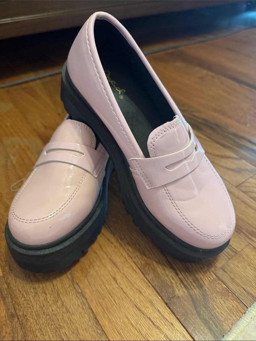 Qupid Light Pink Patent Platform Penny Loafers
